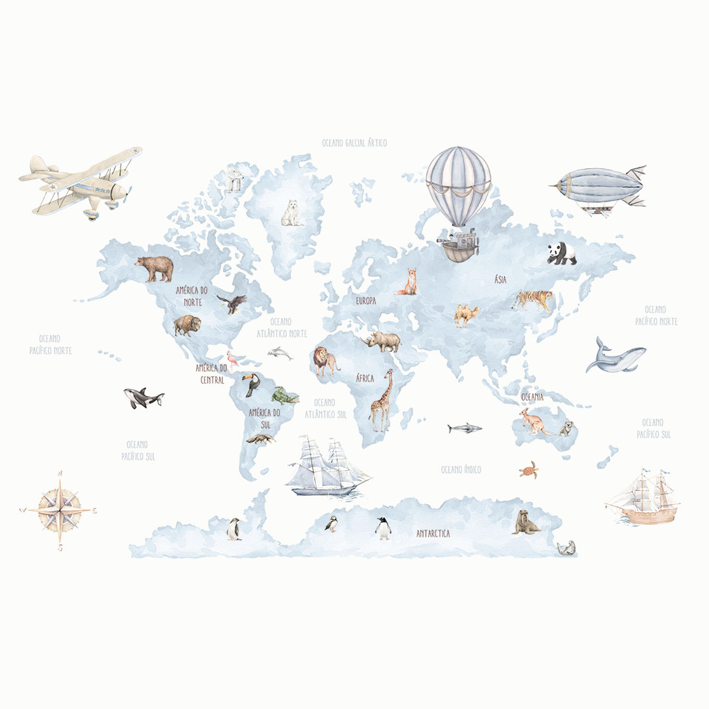 Mapa Mundi Infantil Aquarela  Azul (STILL)